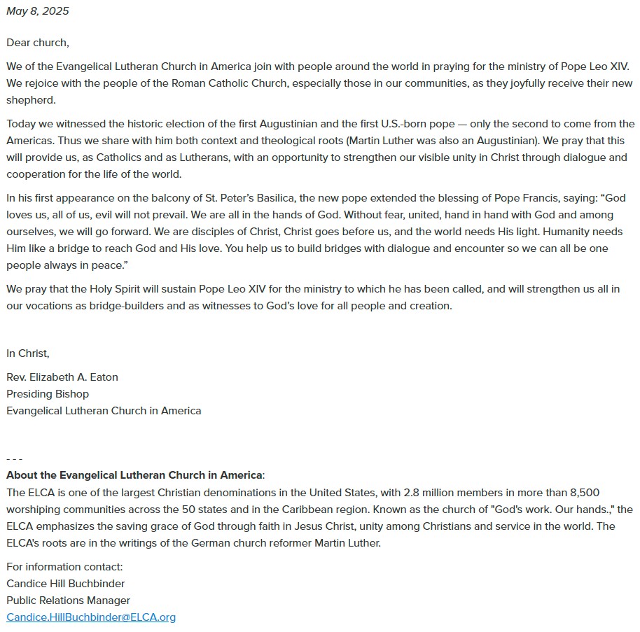 Pastoral Letter from Bishop Eaton on the Election of Pope Leo XIV Pastoral Letter from Bishop Eaton on the Election of Pope Leo XIV